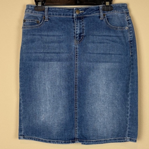 Westport Denim Knee Length Cotton Blend Denim Pencil Skirt with Back Bottom Slit - Picture 1 of 9